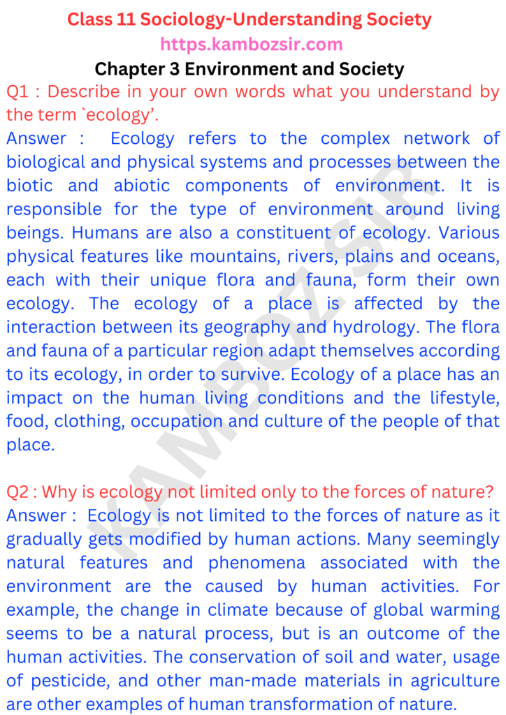 Class 11 Sociology Chapter 3 Environment and Society Solution