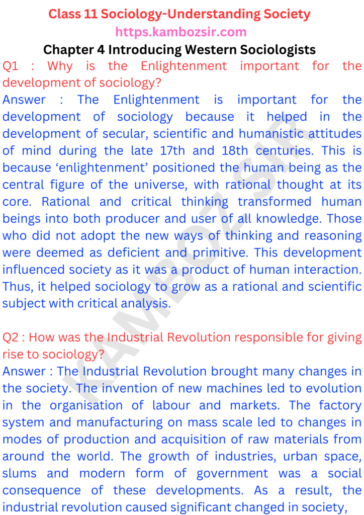 Class 11 Sociology Chapter 4 Introducing Western Sociologists Solution