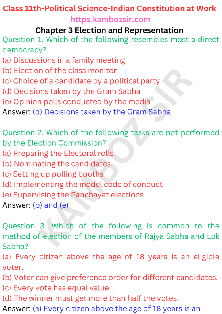 Class 11th Political Science Chapter 3 Election and Representation Solution