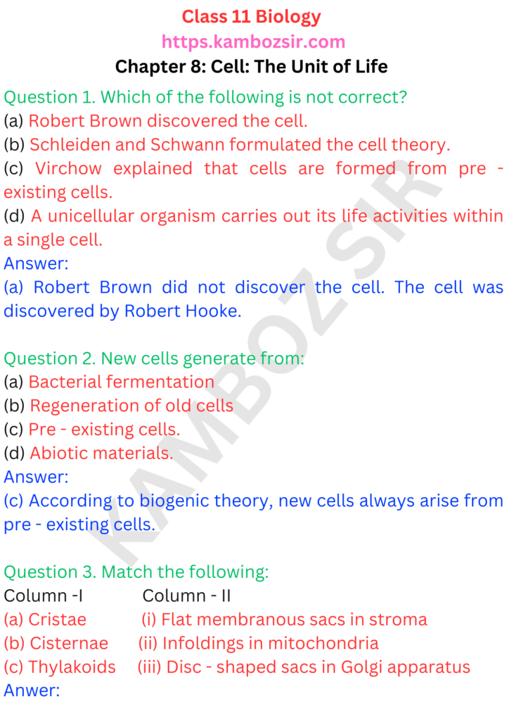 Class 11th Biology Chapter 8 Cell The Unit of Life Solution