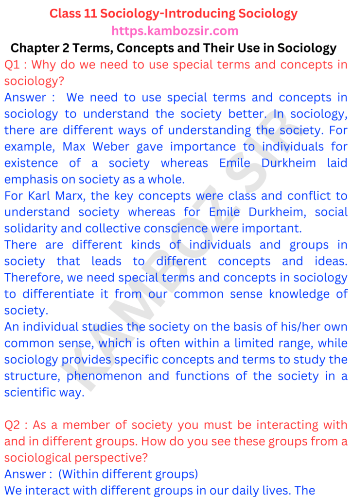 Class 11 Sociology Chapter 2 Terms, Concepts and Their Use in Sociology Solution