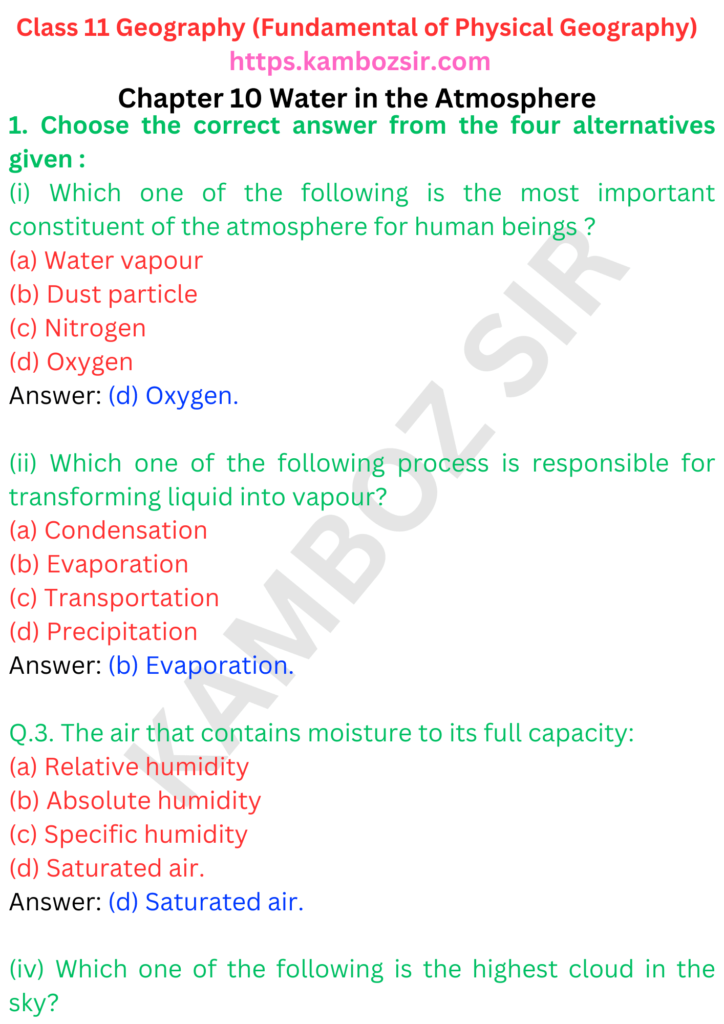 Class 11 Geography Chapter 10 Water in the Atmosphere Solution
