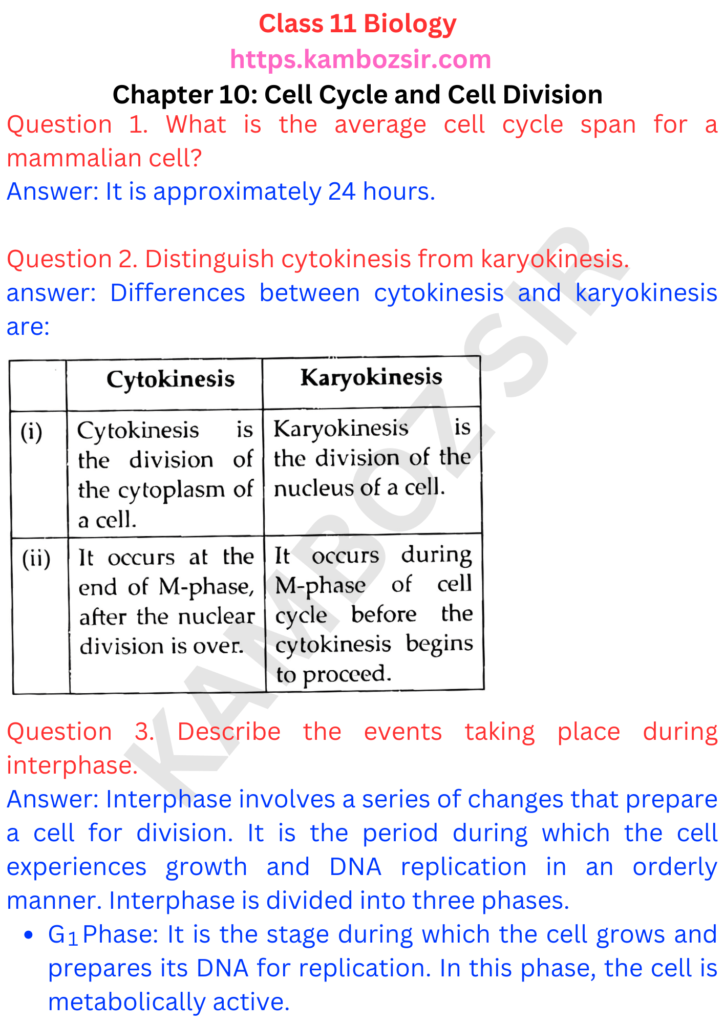 Class 11th Biology Chapter 10 Cell Cycle and Cell Division Solution
