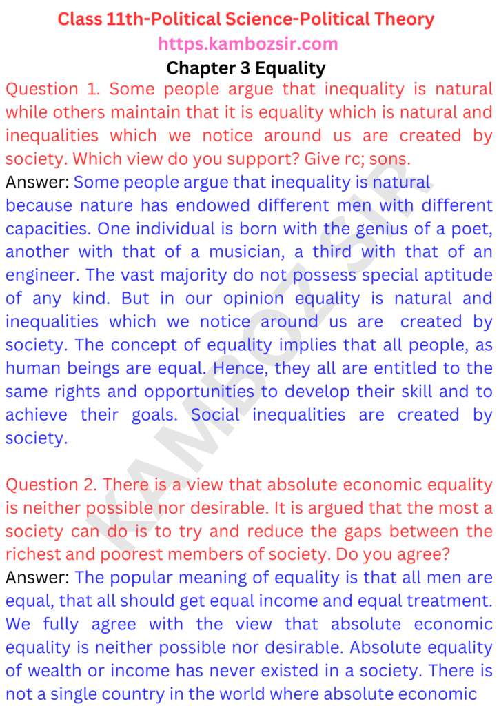 Class 11th Political Science Chapter 3 Equality Solution