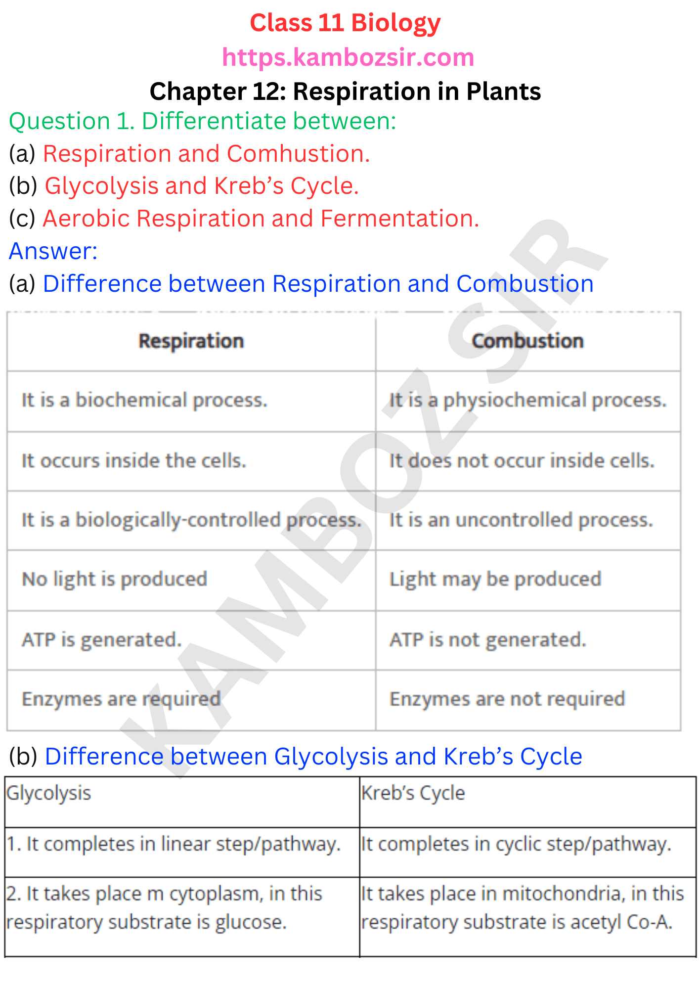 Class 11th Biology Chapter 12 Respiration In Plants Solution Kamboz Sir