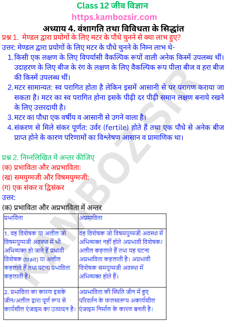 कक्षा 12-जीव विज्ञान अध्याय 4 वंशागति तथा विविधता के सिद्धांत समाधान