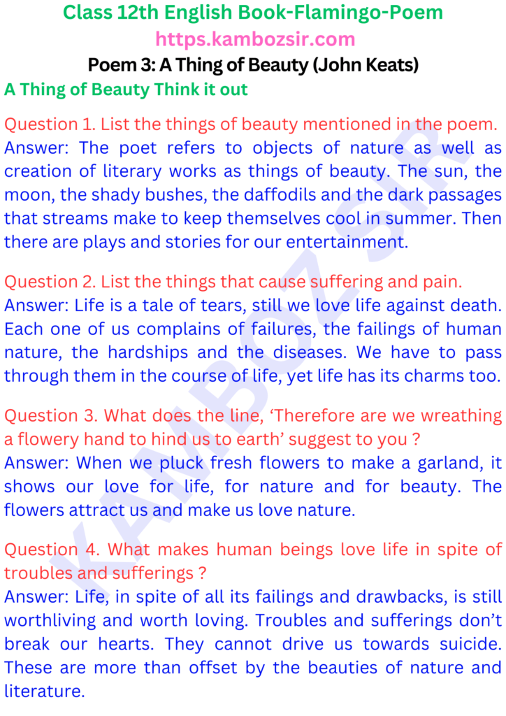 Class 12 flamingo Book Poem 3: A Thing of Beauty (John Keats) Solution