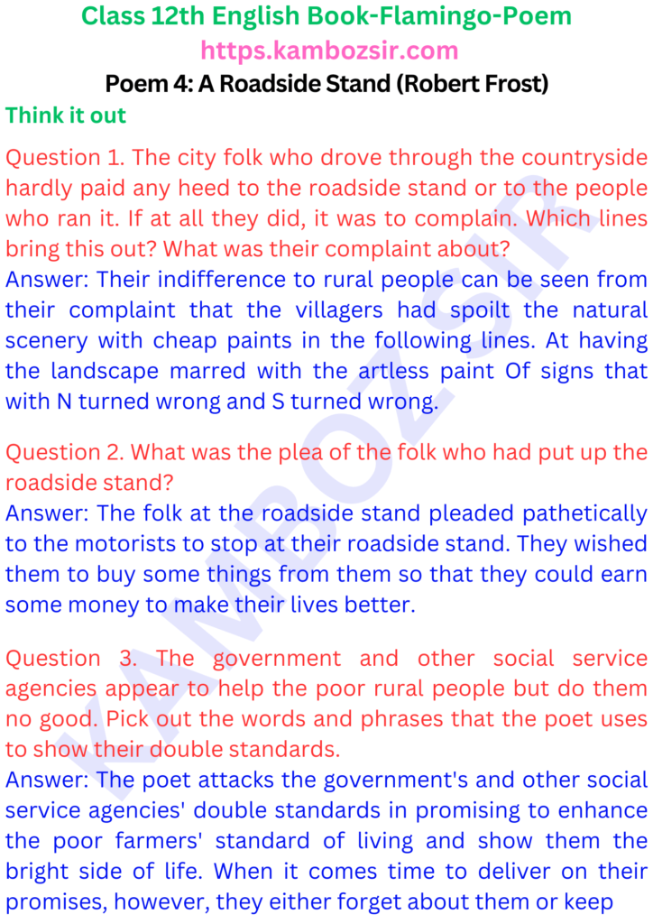 Class 12 flamingo Book Poem 4: A Roadside Stand (Robert Frost) Solution