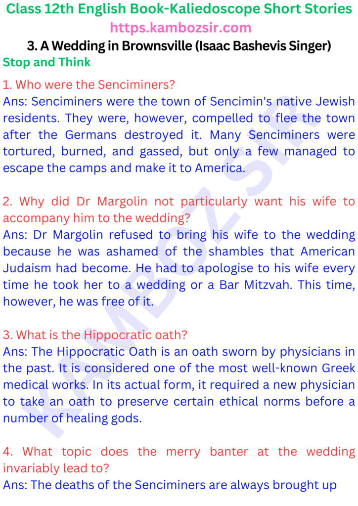 Class 12 Kaliedoscope Book Lesson 3. A Wedding in Brownsville (Isaac Bashevis Singer) Solution