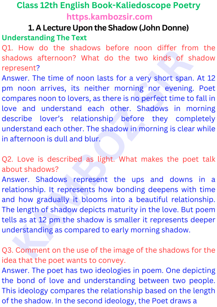 Class 12 Kaliedoscope Book 1. A Lecture Upon the Shdow (John Donne) Solution
