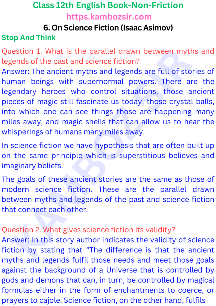 Class 12 Kaliedoscope Book 6. On Science Fiction (Isaac Asimov) Solution