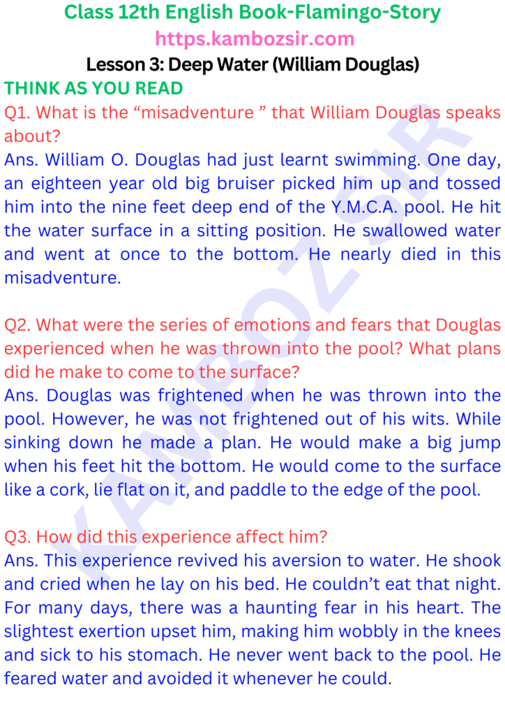 class 12 flamingo Lesson 3: Deep Water (William Douglas) Solution