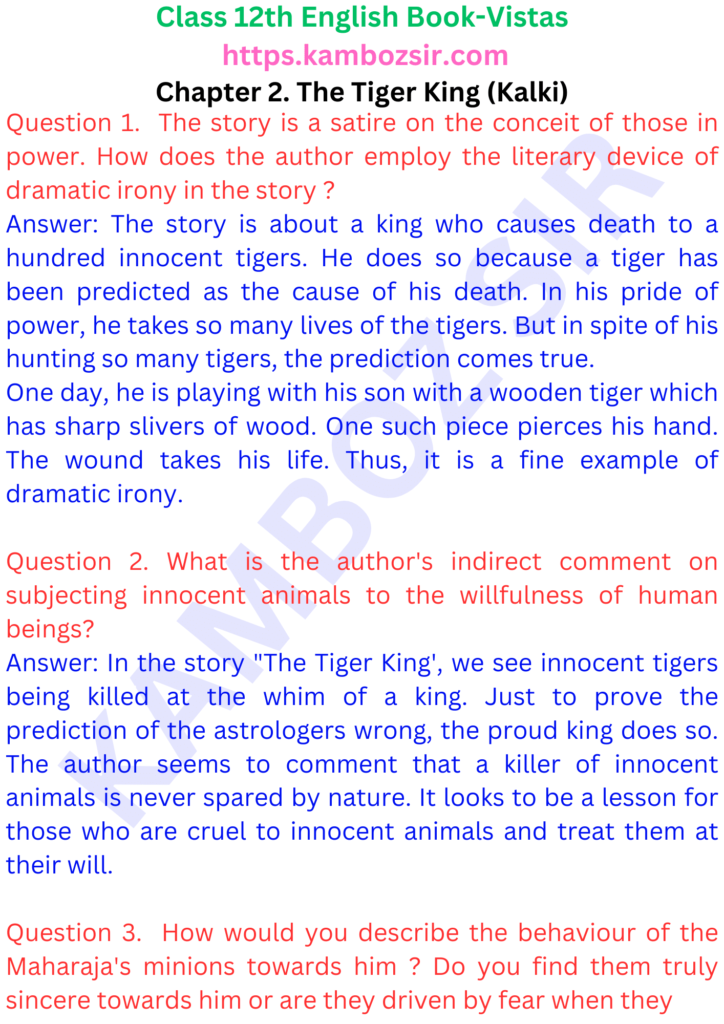 Class 12 Vistas Book Chapter 2. The Tiger King (Kalki) Solution