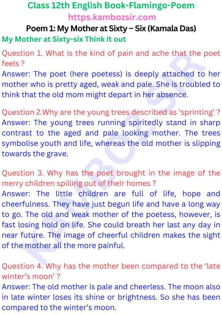 Class 12 flamingo Book Poem 1: My Mother at Sixty Six (Kamala Das) Solution
