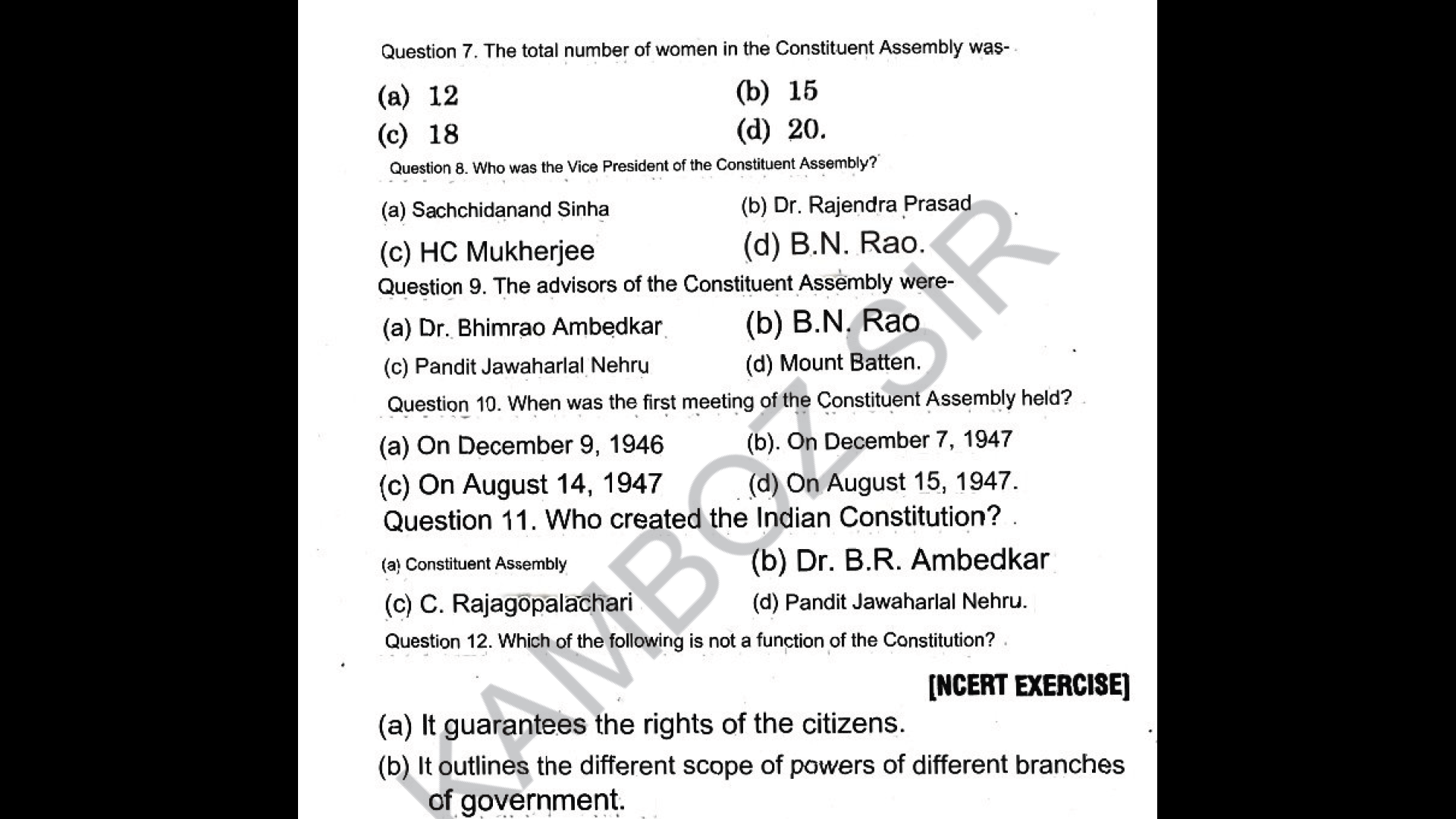 Class 11 Political Science Objective Type Important Questions Annual